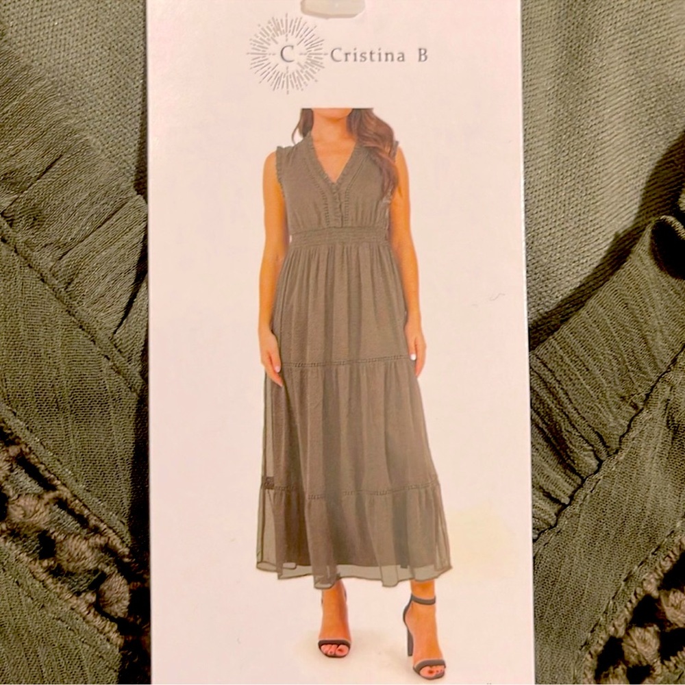 CHRISTINA B Olive Green Maxi Dress size L/G NWT